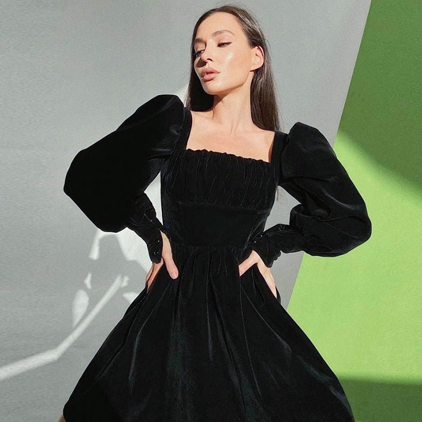Velvet Square Neck Bishop Sleeve Dress - Bazaare Mart