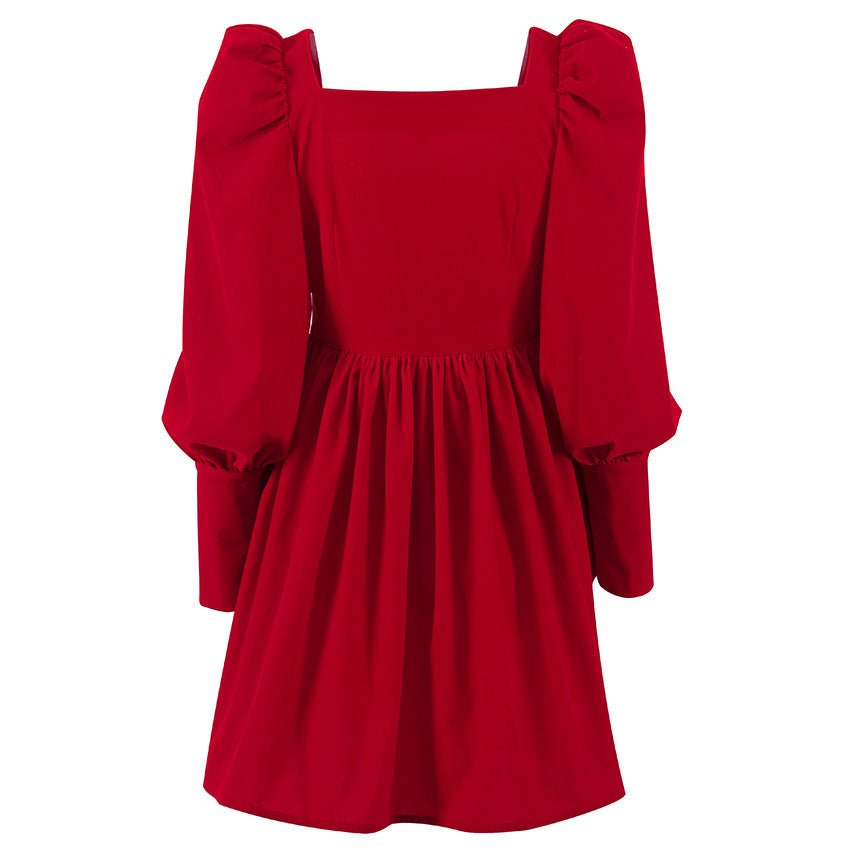 Velvet Square Neck Bishop Sleeve Dress - Bazaare Mart