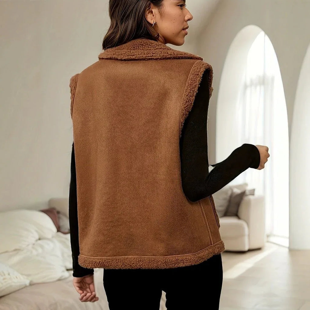 Women's Fleece Collar PU Suede Vest with Patch Pockets Bazaare Mart PU Suede Vest