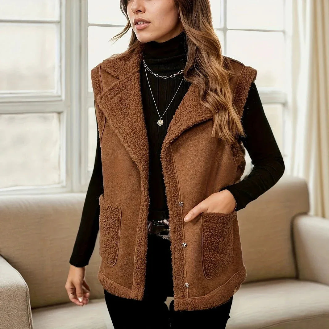 Women's Fleece Collar PU Suede Vest with Patch Pockets Bazaare Mart PU Suede Vest