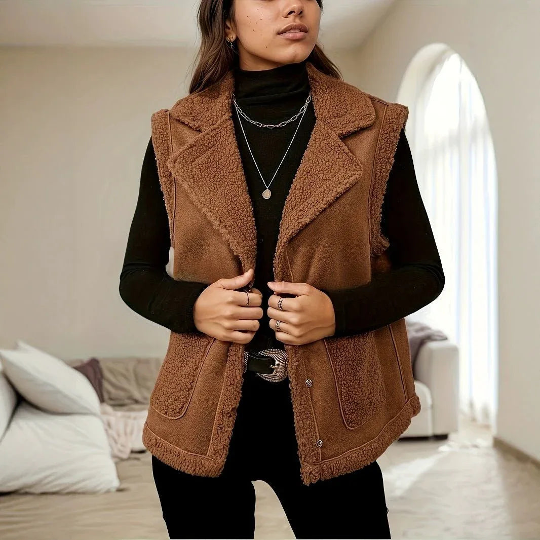 Women's Fleece Collar PU Suede Vest with Patch Pockets Bazaare Mart PU Suede Vest
