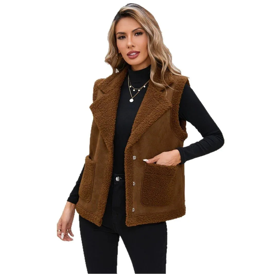 Women's Fleece Collar PU Suede Vest with Patch Pockets Bazaare Mart PU Suede Vest