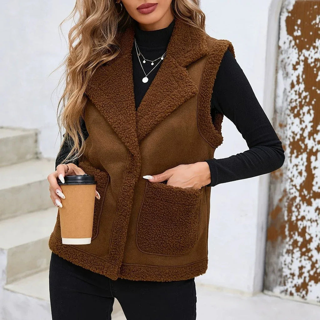 Women's Fleece Collar PU Suede Vest with Patch Pockets Bazaare Mart PU Suede Vest