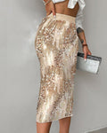 Women's Versatile Solid Color Fashionable Sequin Skirt Champagne Bazaare Mart Sequin Midi Skirt
