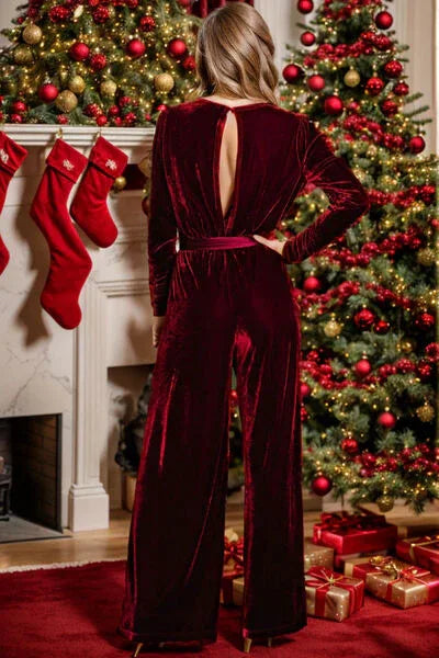 Tie Waist Long Sleeve Wide Leg Jumpsuit Bazaare Mart Velvet Jumpsuit