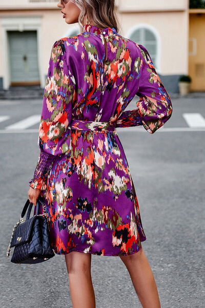 Office Dress Floral Tie Waist Lantern Sleeves