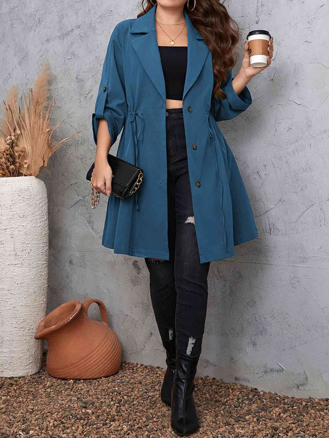 Plus Size Drawstring Trench Coat