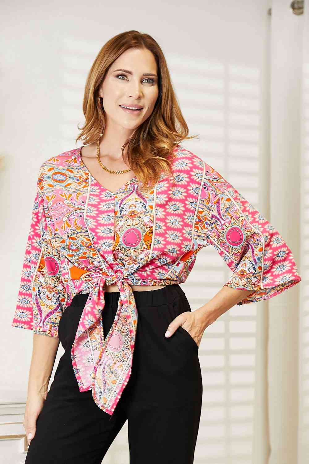 Floral Tie Waist 3/4 Length Sleeve Blouse