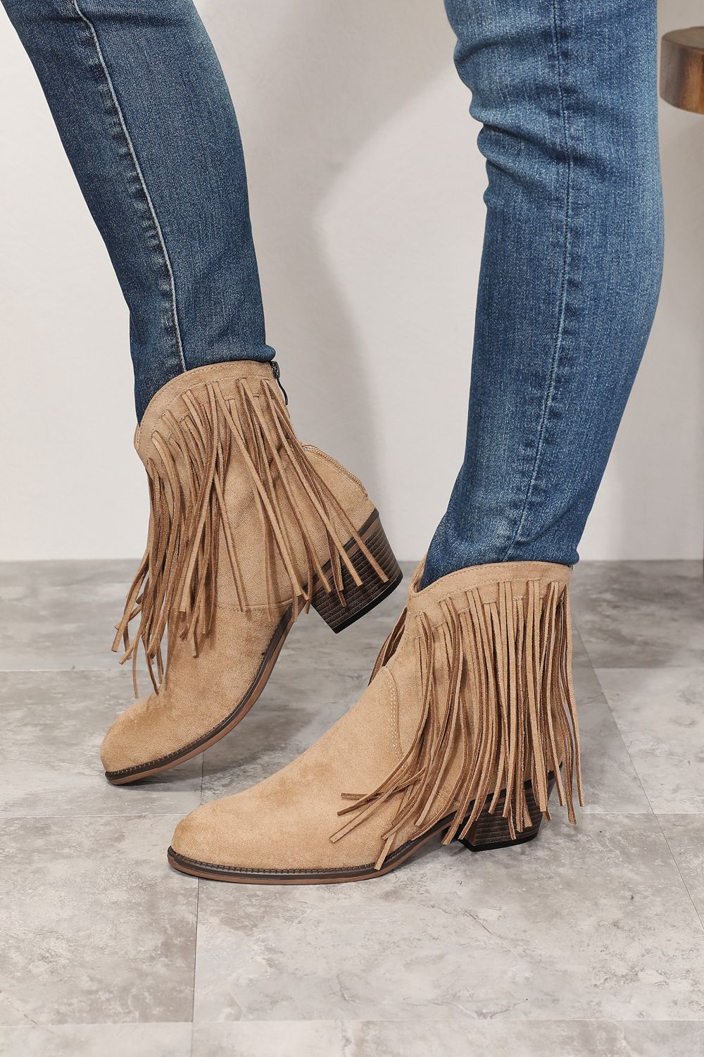 Beige Faux Suede Fringe Ankle Boots