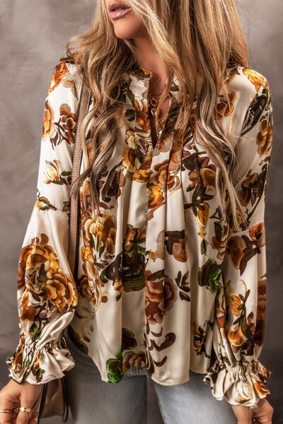 Floral Notched Long Sleeve Blouse