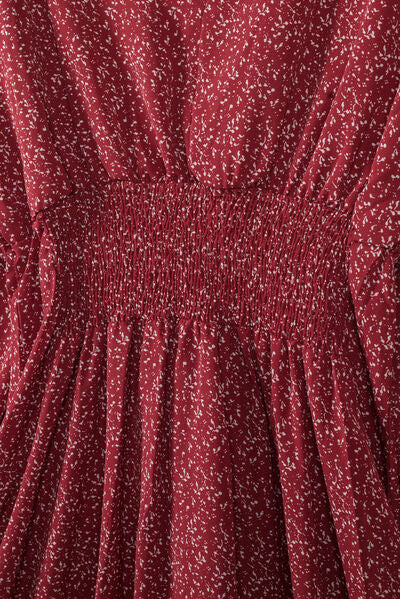 Peasant Dress Red Floral V-Neck with Long Balloon Sleeves