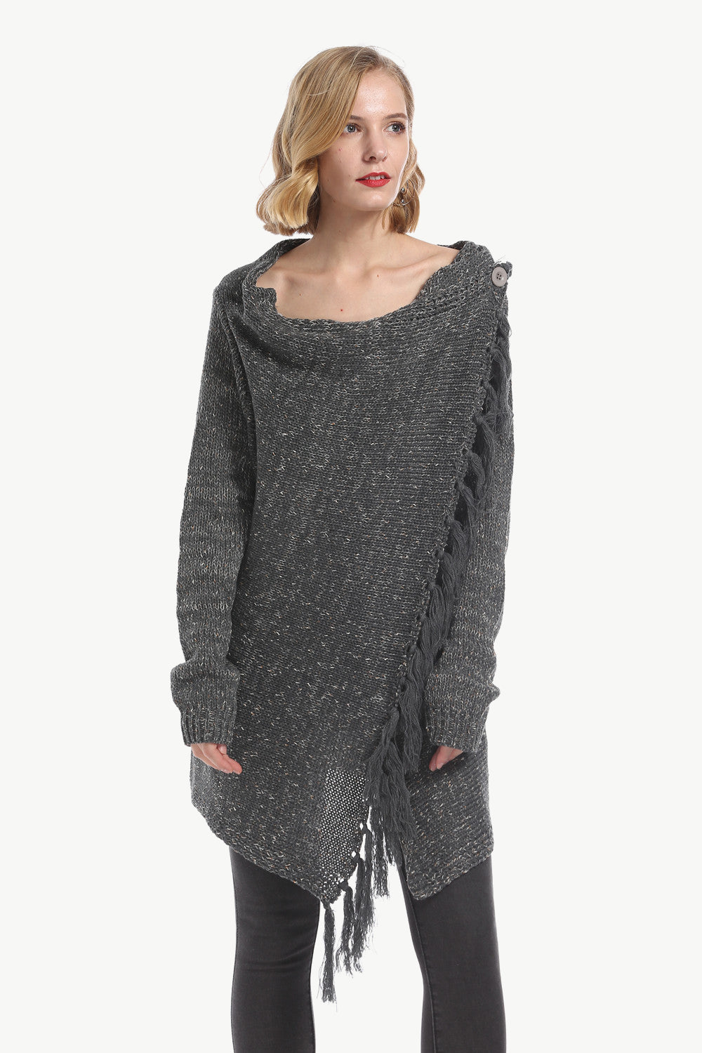 One-Button Tassel Tie Asymmetrical Hem Cardigan - Bazaare Mart