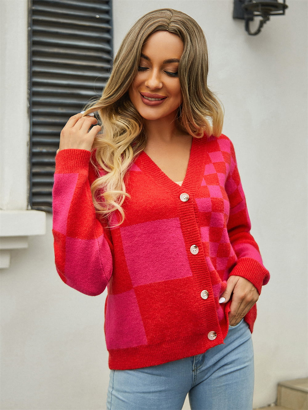 Plaid V-Neck Dropped Shoulder Cardigan - Multi