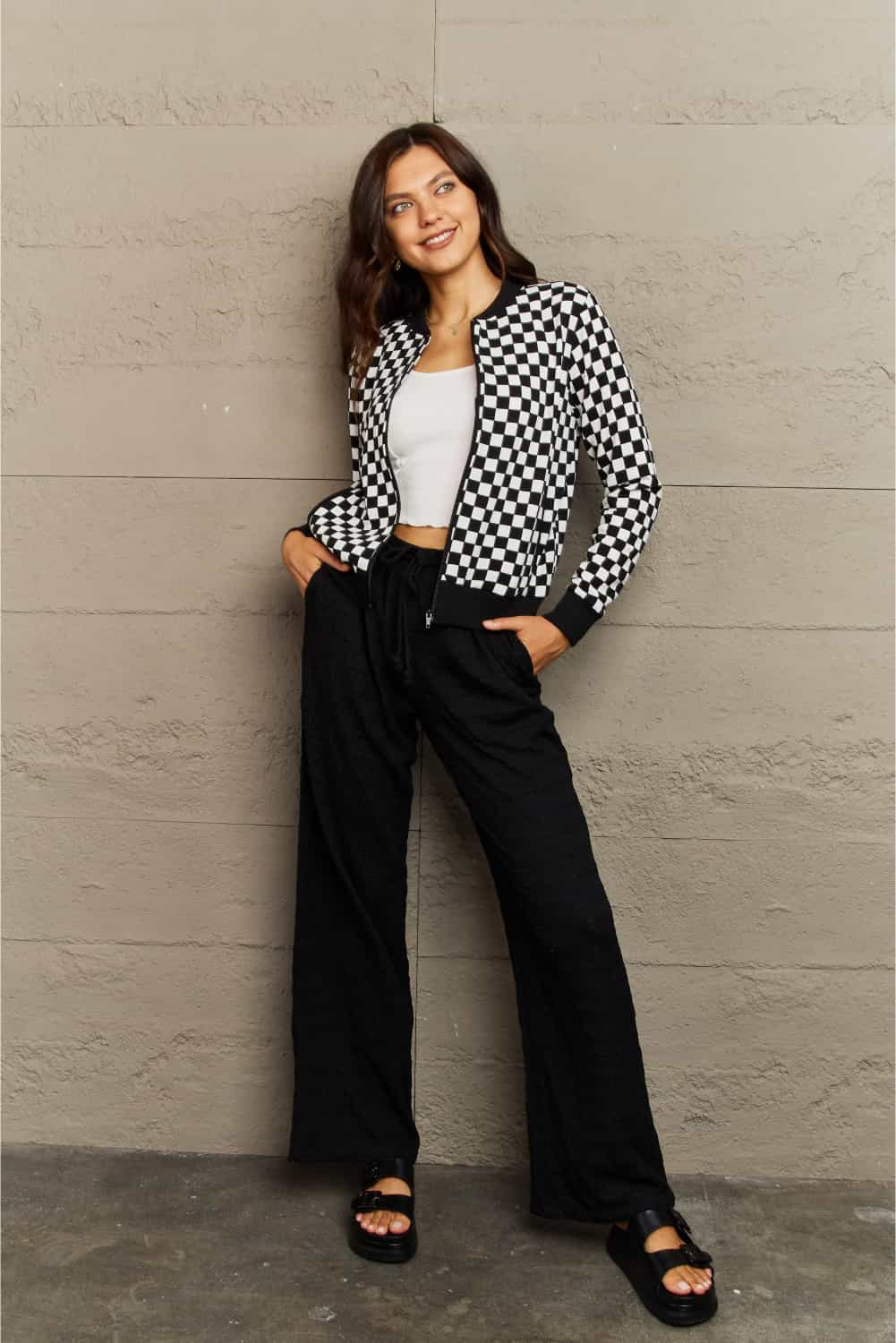 B & W Plaid Collarless Jacket