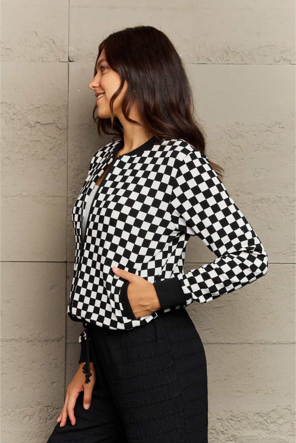 B & W Plaid Collarless Jacket