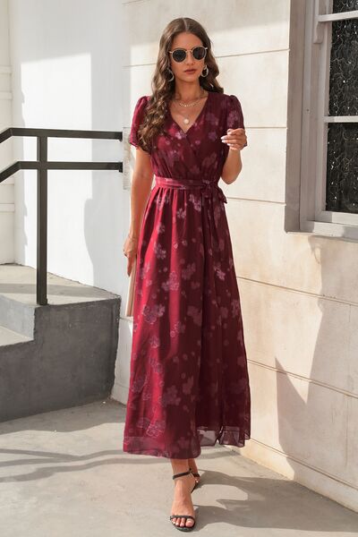 Wine Floral Cap Sleeve Maxi Dress