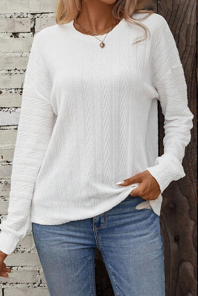 Crew Neck Dropped Shoulder Cable Knit Sweater