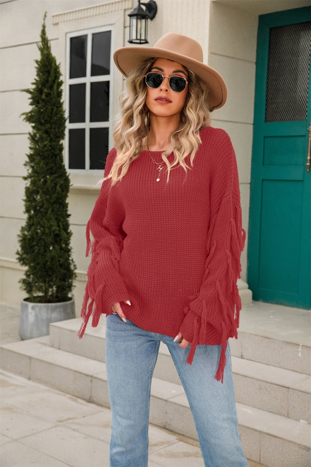 Red Fringe Pullover Sweater