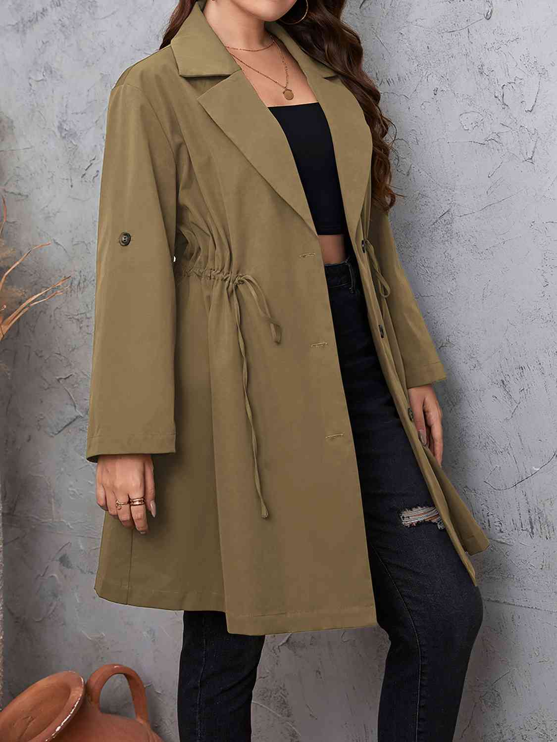 Plus Size Drawstring Trench Coat