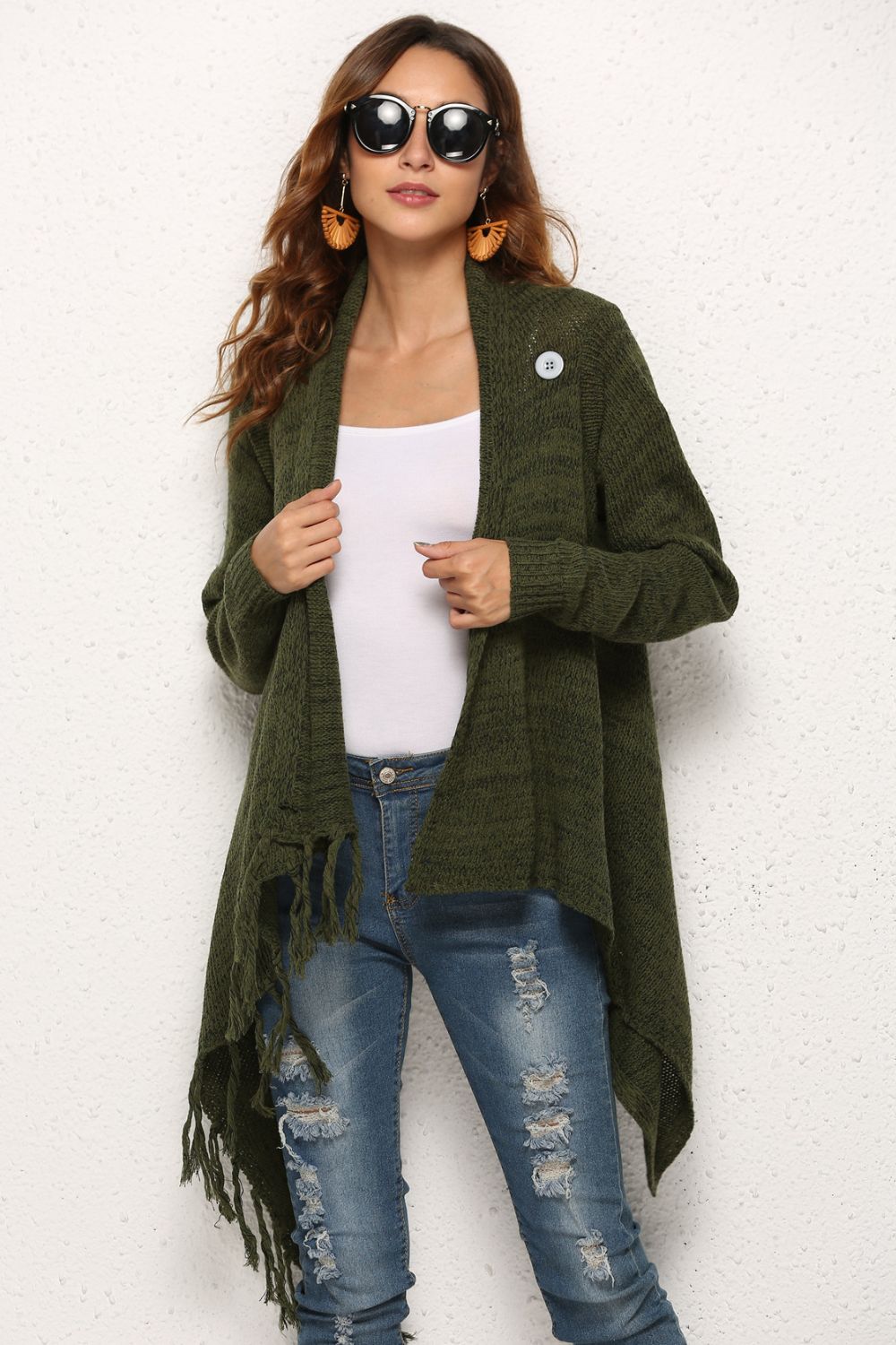 One-Button Tassel Tie Asymmetrical Hem Cardigan - Bazaare Mart