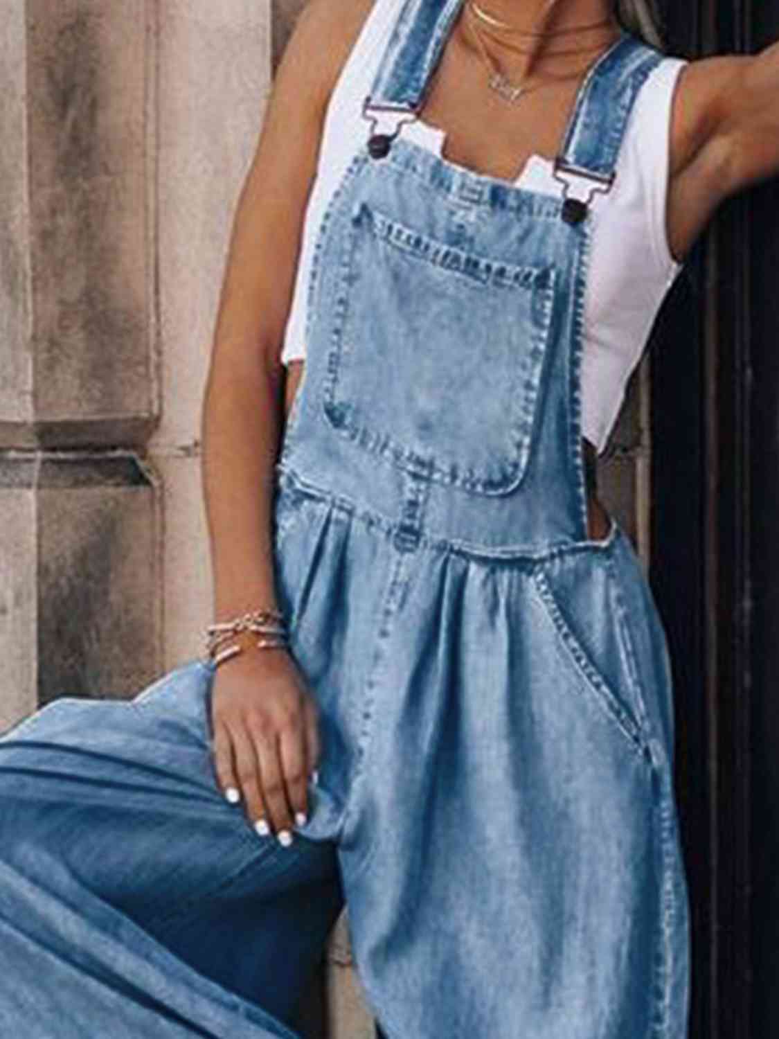 Wide Leg Denim Overalls Close up