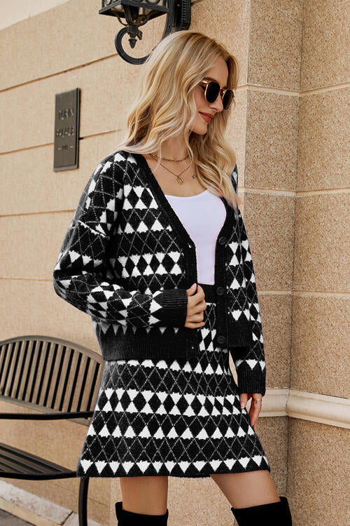 Geometric Button Front Cardigan and Skirt Set - Bazaare Mart
