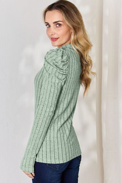 Ribbed Mock Neck Puff Long Sleeve Top