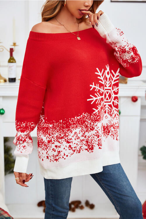 Off-Shoulder Red Snow Flake Sweater