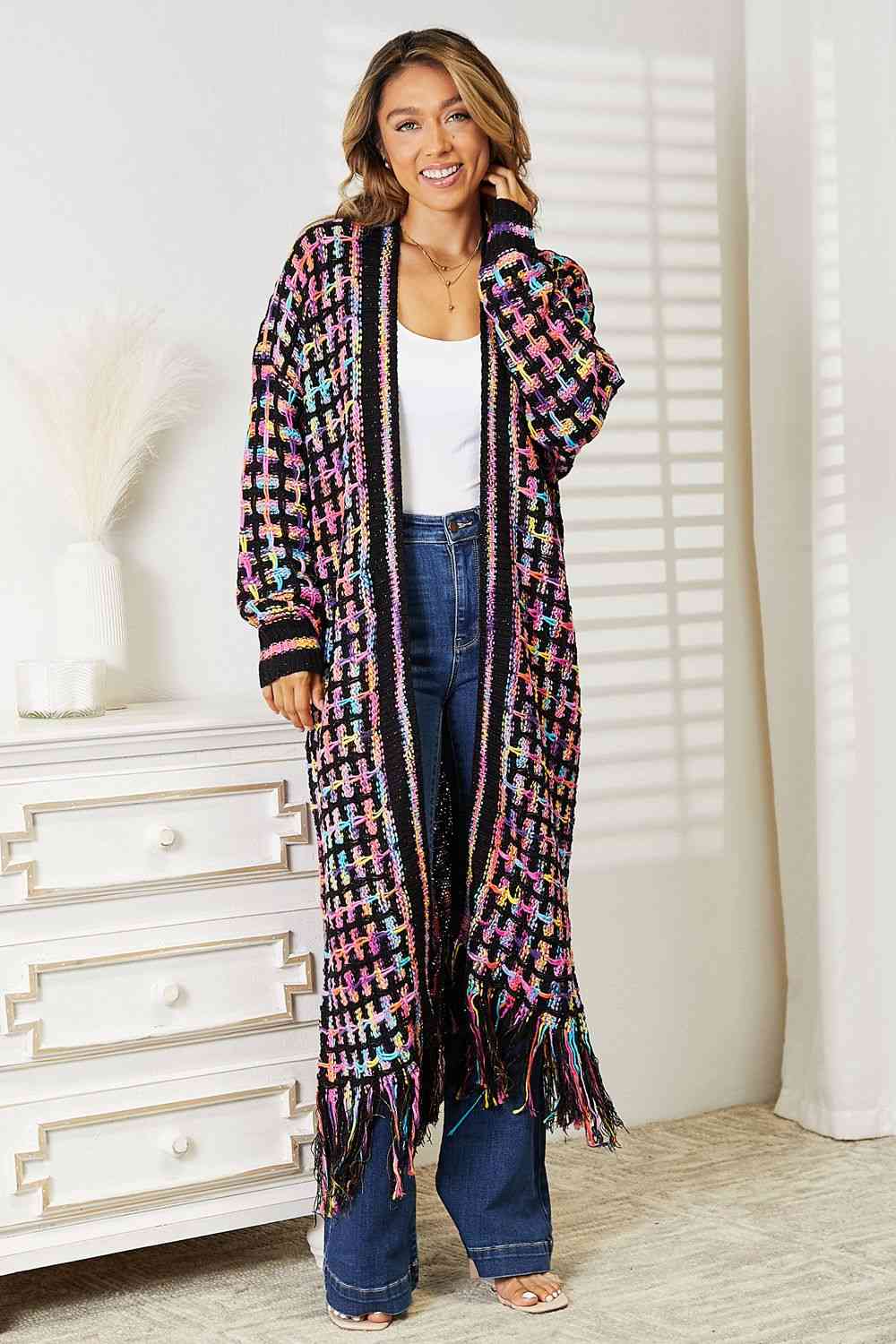 Colorful Fringe Hem Long Cardigan