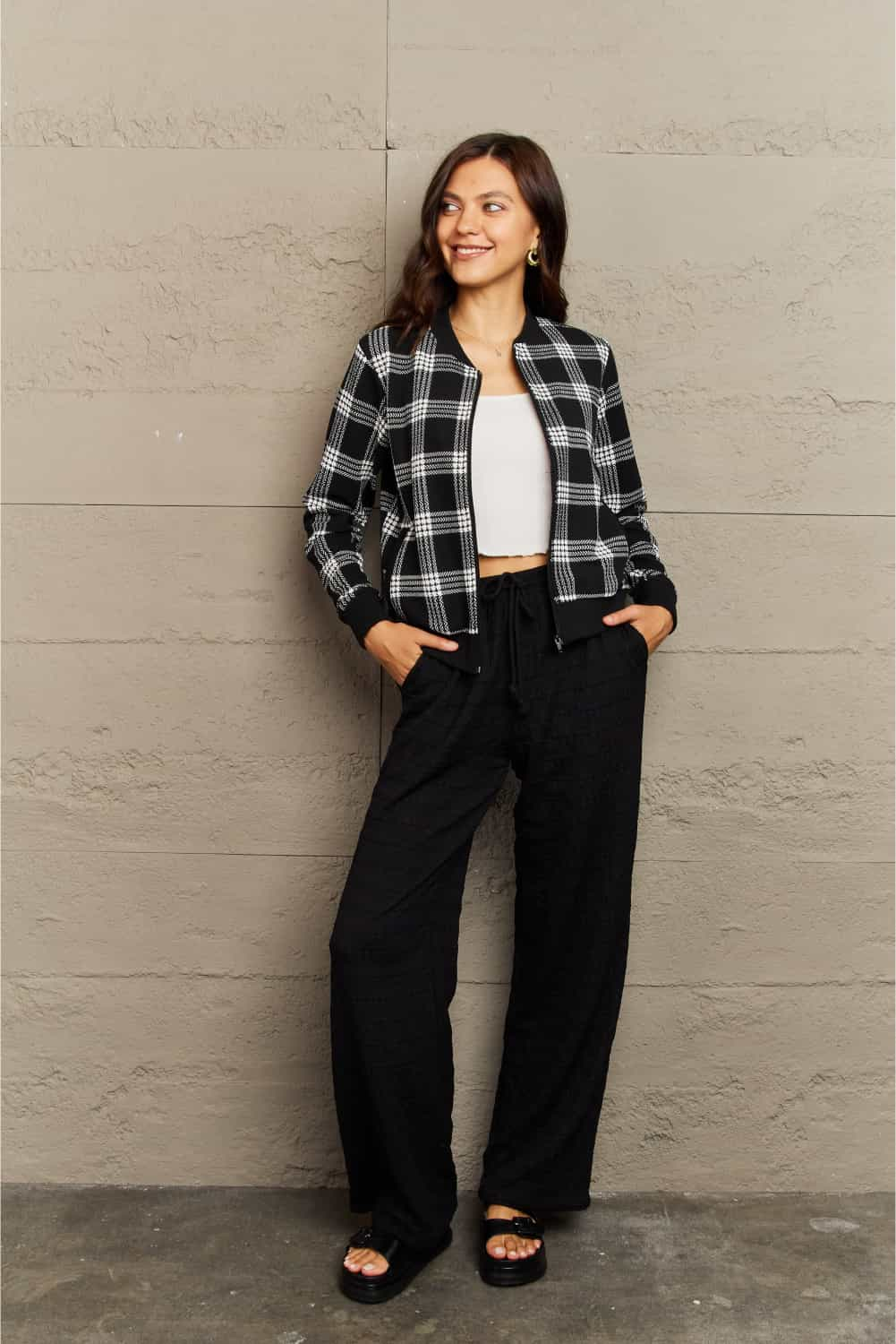 B & W Plaid Collarless Jacket