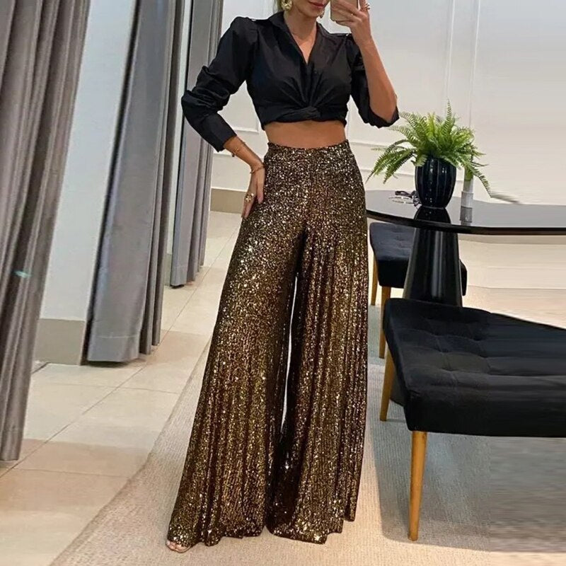 Shiny Wide Leg Party Pants