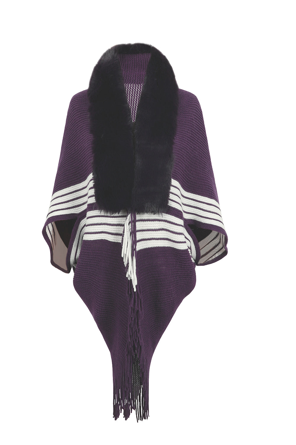 Fur Trim Striped Fringe Long Sleeve Sweater - Bazaare Mart