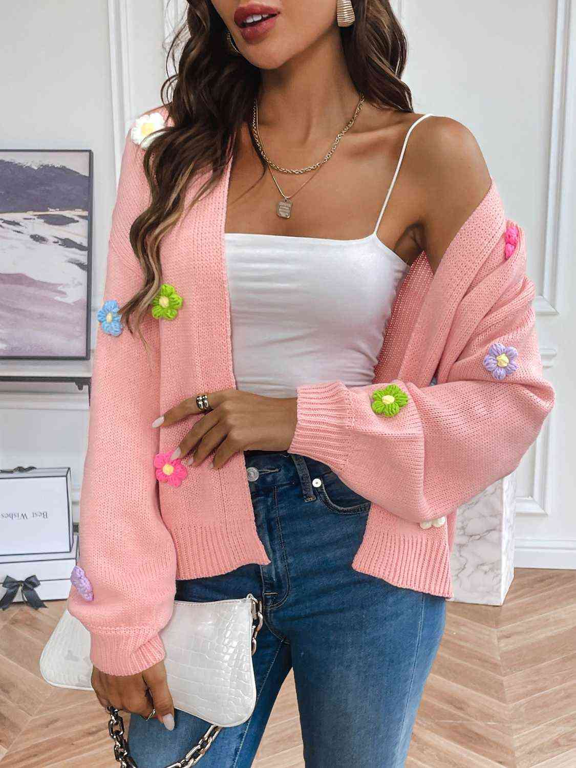 Sweet Embroidered Floral Open Front Cardigan