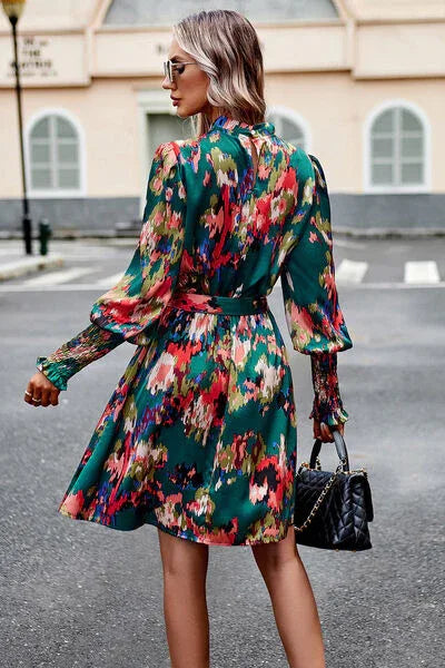 Office Dress Floral Tie Waist Lantern Sleeves Bazaare Mart Long Sleeve Dress