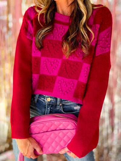 Pink & Red Plaid Round Neck Sweater