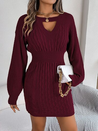 Cable-Knit Cutout Round Neck Wine Sweater Dress