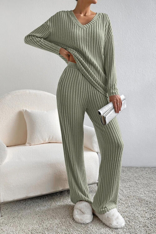 Ladies Ribbed V-Neck Loungewear Set