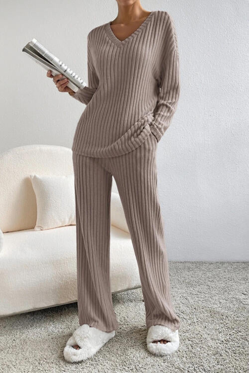 Ladies Ribbed V-Neck Loungewear Set