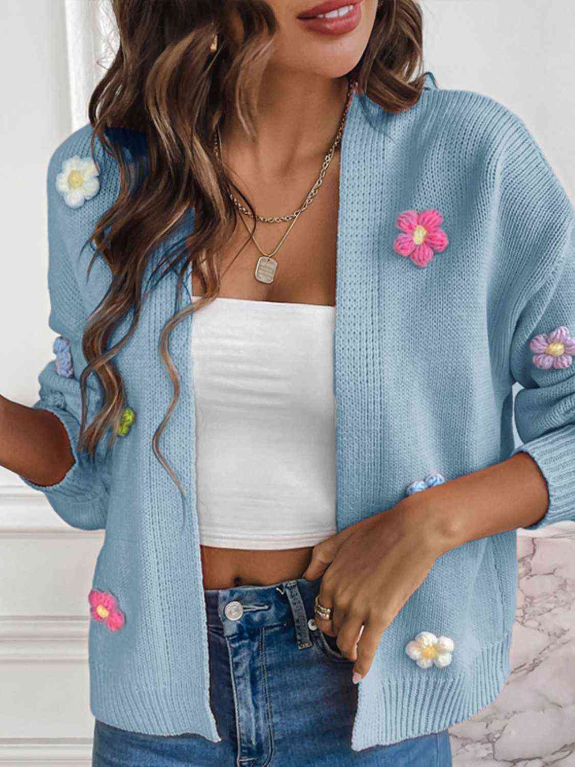 Sweet Embroidered Floral Open Front Cardigan
