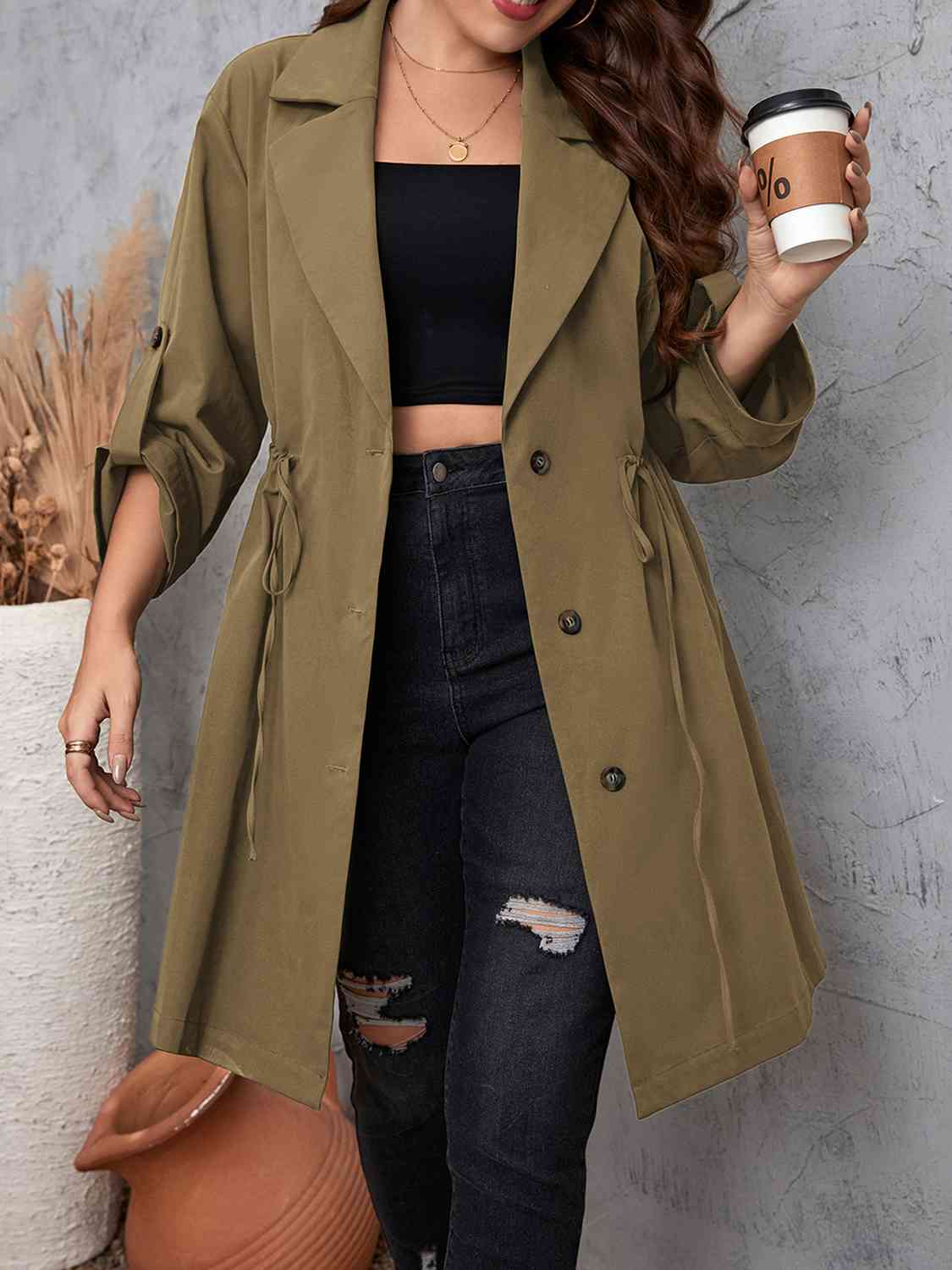 Plus Size Drawstring Trench Coat