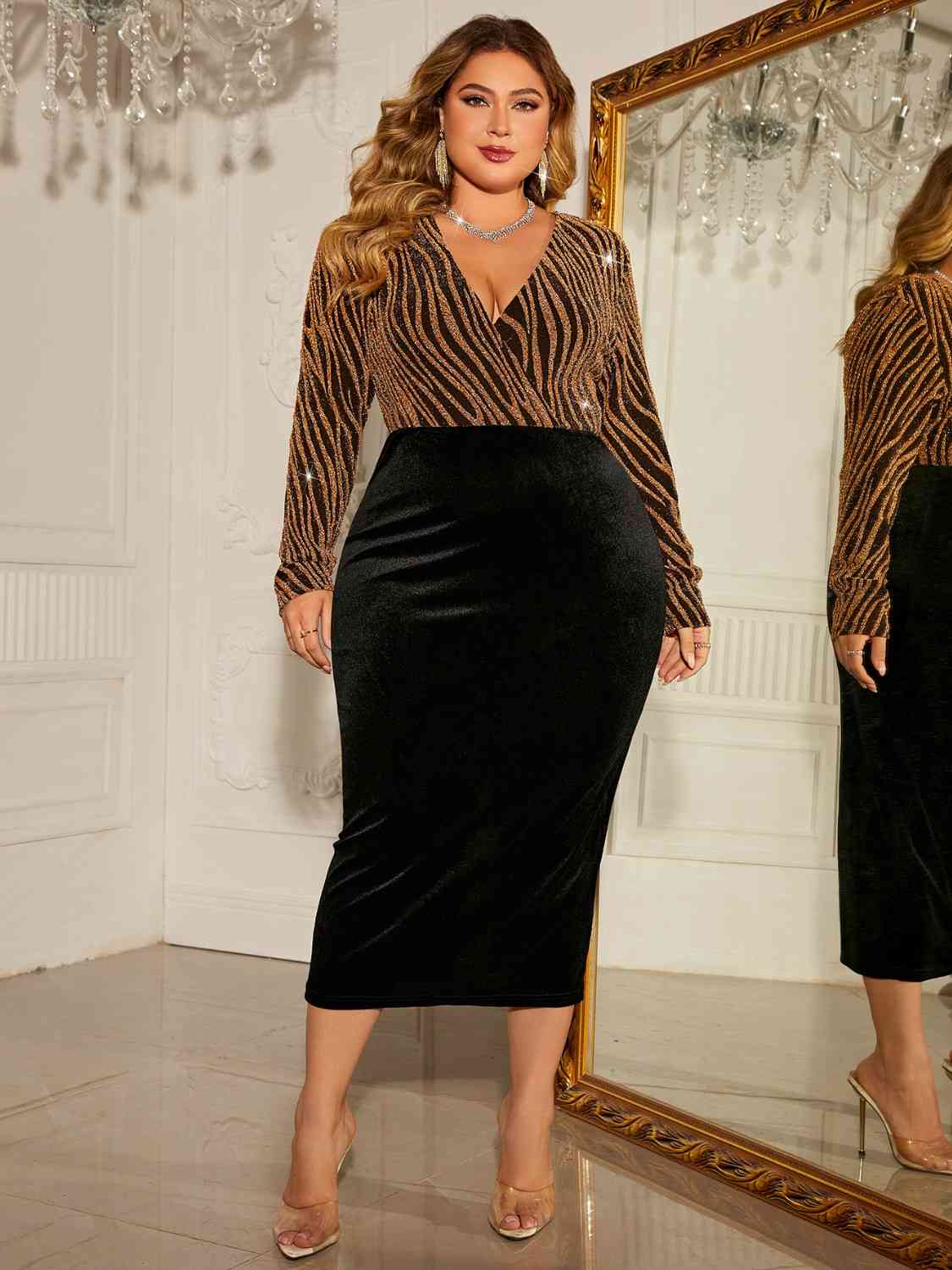 Formal Plus Size Surplice Neck Long Sleeve Slit Dress