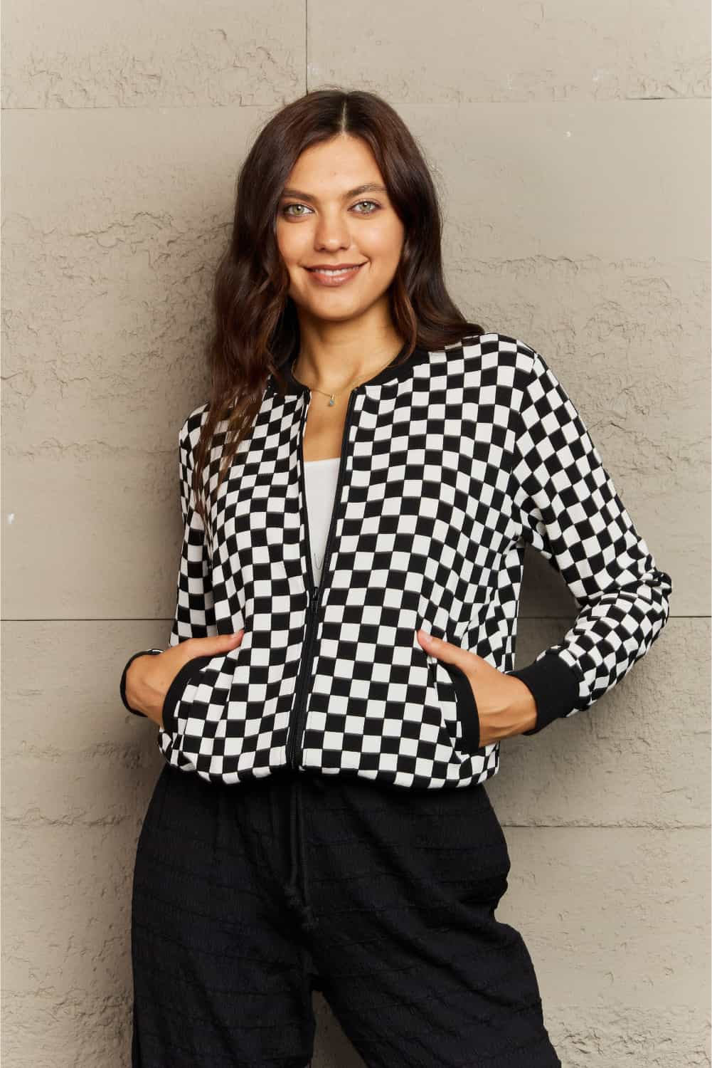 B & W Plaid Collarless Jacket