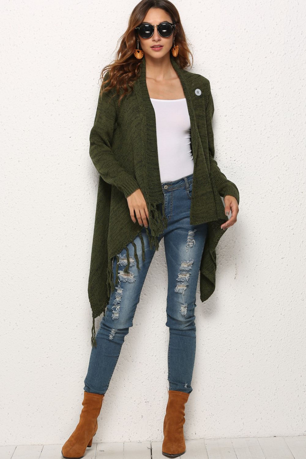 One-Button Tassel Tie Asymmetrical Hem Cardigan - Bazaare Mart