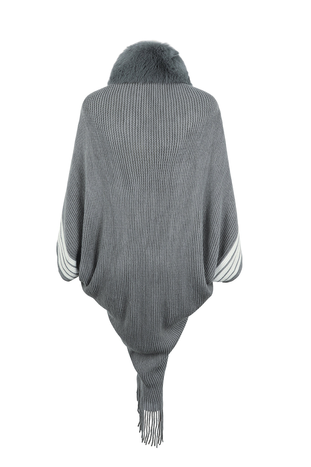 Fur Trim Striped Fringe Long Sleeve Sweater - Bazaare Mart