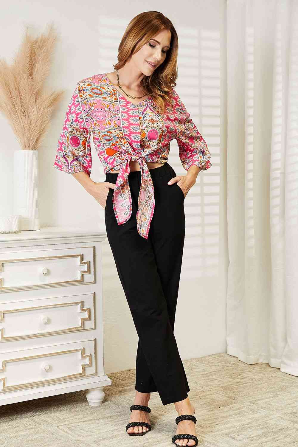 Floral Tie Waist 3/4 Length Sleeve Blouse