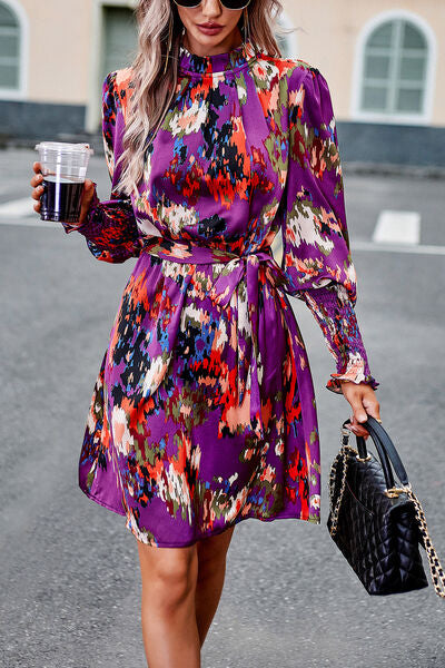 Magenta Abstract Tie Waist Mock Neck Lantern Sleeve Dress