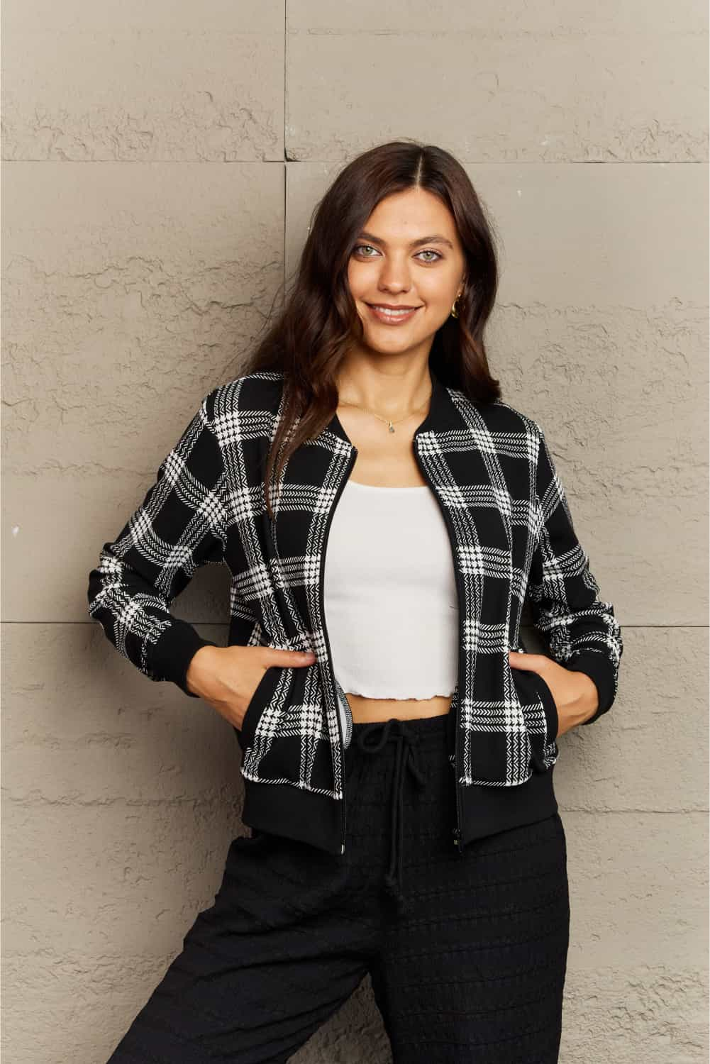 B & W Plaid Collarless Jacket