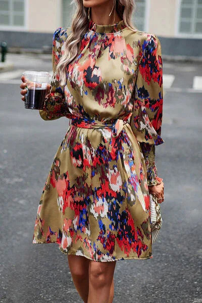 Office Dress Floral Tie Waist Lantern Sleeves Bazaare Mart Long Sleeve Dress