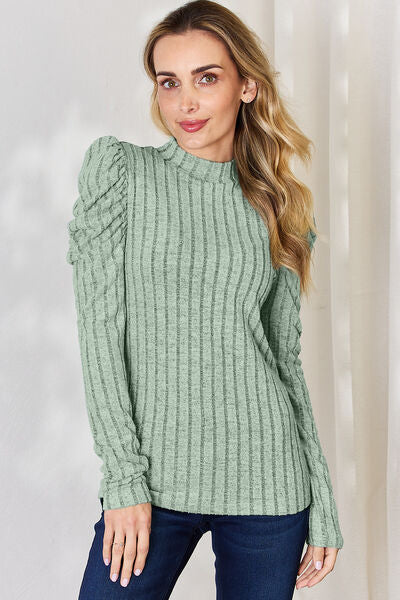 Ribbed Mock Neck Puff Long Sleeve Top