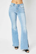 Mid Rise Raw Hem Slit Flare Jeans Medium Trendsi Light Blue Plus Jeans